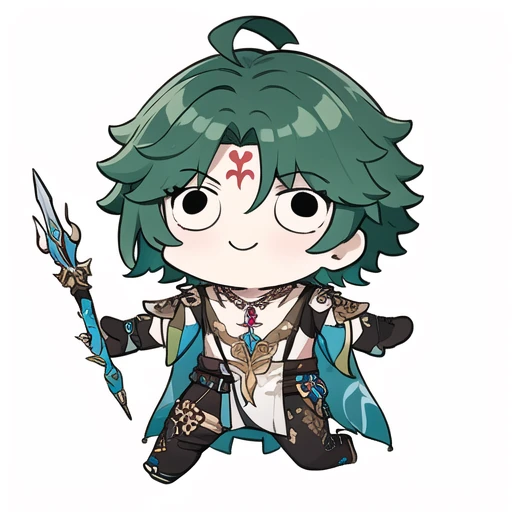 <lora:Ath_style-parody:1>,style-parody,solo,1boy,male focus,xiao \(genshin impact\),smile,necklace,chibi,simple background,polearm,white background,jewelry,holding,gloves,green hair,multicolored hair,bead necklace,beads,weapon,tattoo,ahoge,holding polearm,parody,holding weapon,bangs,green gloves,arm tattoo,forehead mark,black hair,spear,parted bangs,full body,asymmetrical clothes,black eyes,closed mouth,standing,facial mark,single detached sleeve,meme,