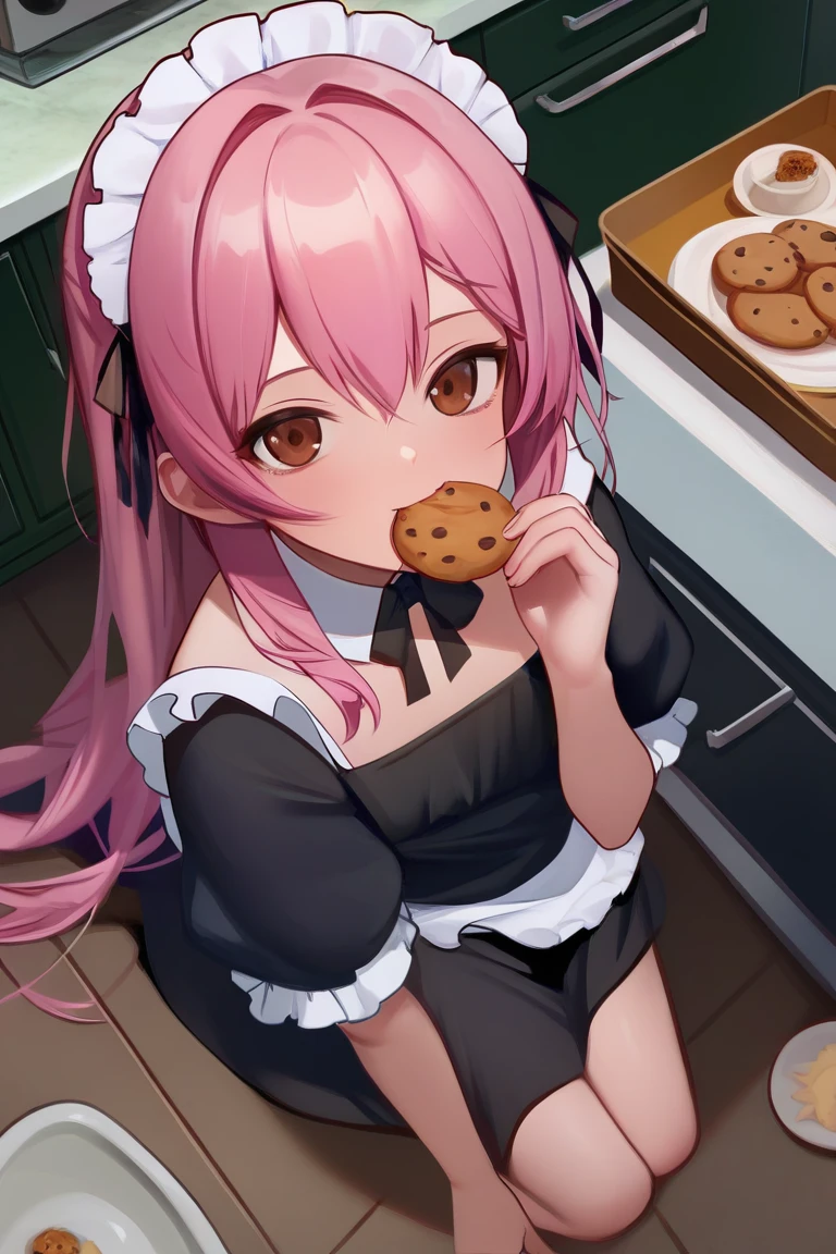 score_9, score_8_up, score_7_up, rating_safe BREAK
1girl, :t, looking at viewer, long hair, pink hair, brown eyes, black dress, maid dress, flat chest, sitting, on floor, eating, cookie, from above, kitchen