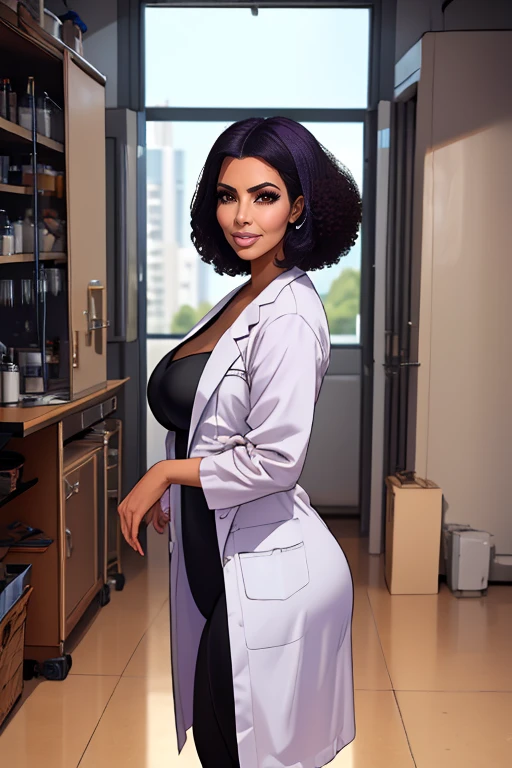 ((detailed)), ((masterpiece)), realistic, photorealistic, 8k resolution,
1girl, KimKardashian, lips, brown eyes, dark skin, dark-skinned female, eyelashes,
<lora:celebrityown_KimKardashian:0.65>,
a woman, lab coat, safety goggles, closed-toe shoes , afro haircut, light purple hair,
from side, looking at viewer , leaning to the side , upper body ,