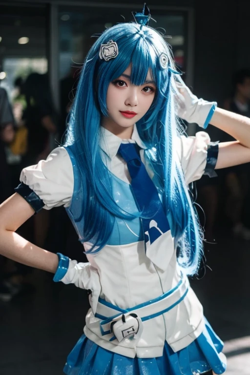 ltra-detailed,highly detailed,best quality,masterpiece,illustration,realistic,photorealistic,
22niang, bilibili suit, 1girl, cosplay, solo,
aqua hair, long hair, hair ornament, ahoge, hair ribbon,
collared shirt, puffy short sleeves, necktie, belt, pleated skirt, gloves,
looking at viewer, standing,
<lora:bilibili22niang_v1_07:0.99>