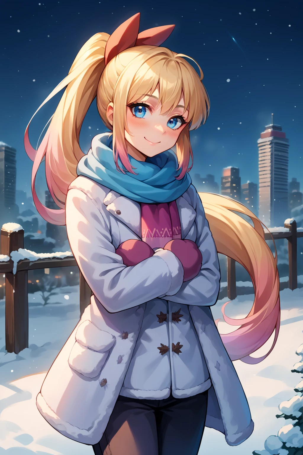 score_9, score_8_up, score_7_up, source_anime, cowboy shot, looking at viewer, smile, blush, chtgkrsk, very long hair, gradient hair, ponytail, blue eyes, hair ribbon, red ribbon, winter coat, scarf, pants, mittens, crossed arms, outdoors, twilight, starry sky, snow, skyline, <lora:Hoseki_Nsk_ChitogeKirisaki_PDXL_v1:1>