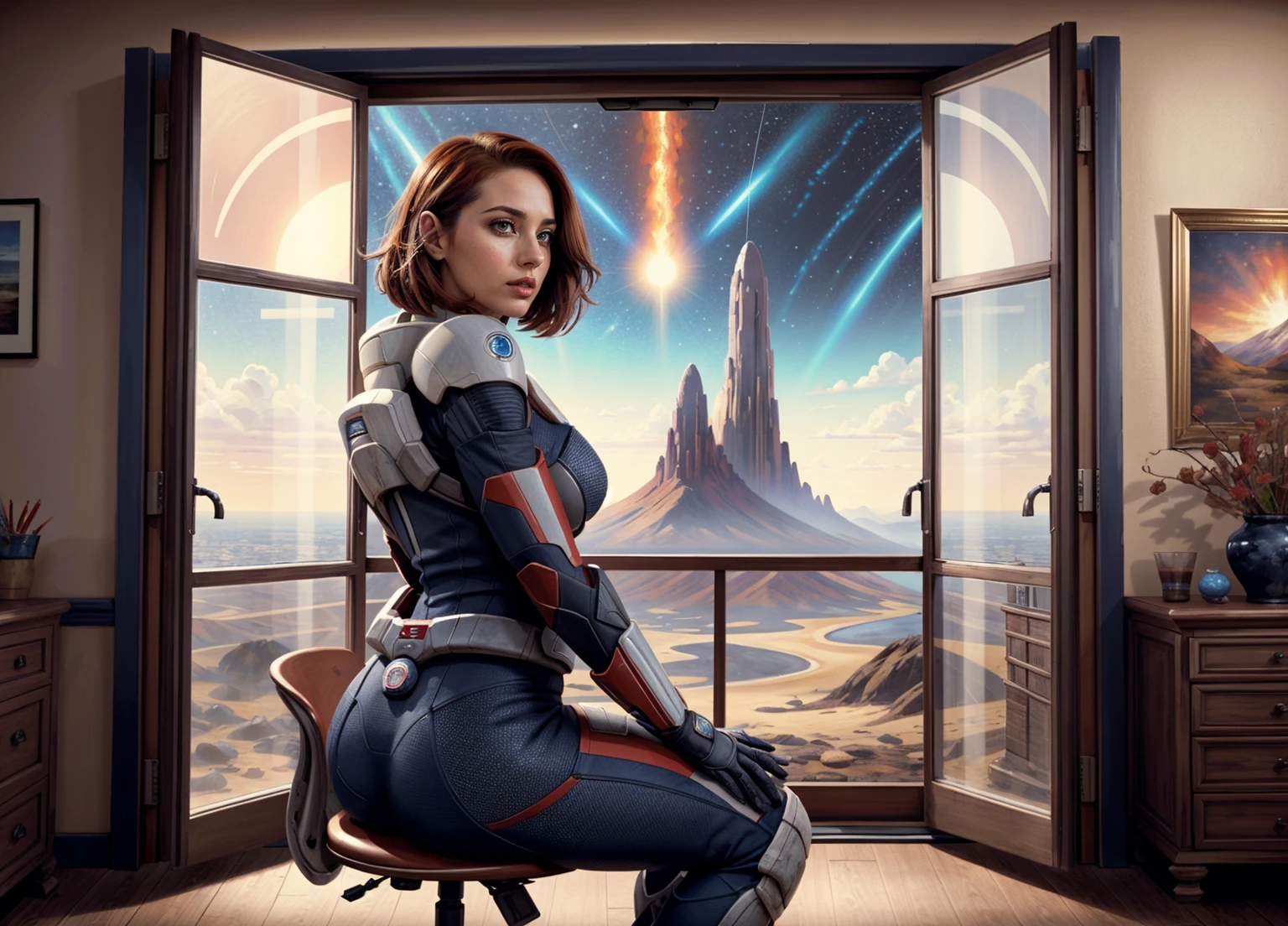 a woman sitting on a chair in front of a large window with a view of a fiery red and blue star, Eve Ryder, (mass effect:1.3), (realistic:1.5) (looking out of the window) (picturesque:1.3) (idealistic:1.4) (masterfully-portrayed:1.4) (ingeniously-arranged:1.4), (cleverly-shown:1.4) (properly-done:1.4) (optimal-depiction:1.4) (stunning-environment:1.4) (skilled-demonstration:1.3) (sharp:1.4) (detailed:1.4) (best-resolution:1.4) (maximalist:1.3)