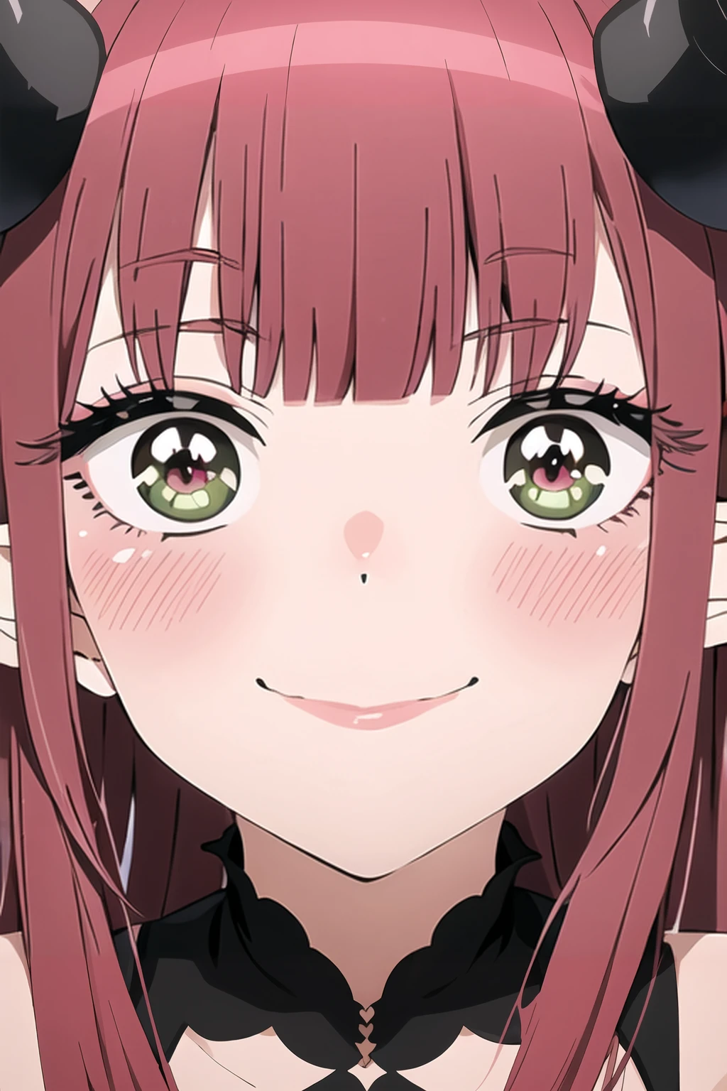 1girl, solo, long hair, blush, smile, bangs, green eyes, red hair, pointy ears, blunt bangs, close-up, Marin, anime girl with long pink hair and pink eyes staring at camera, demon horns, <lora:Sono Bisque Doll wa Koi wo Suru - Marin Kitagawa V2:1>