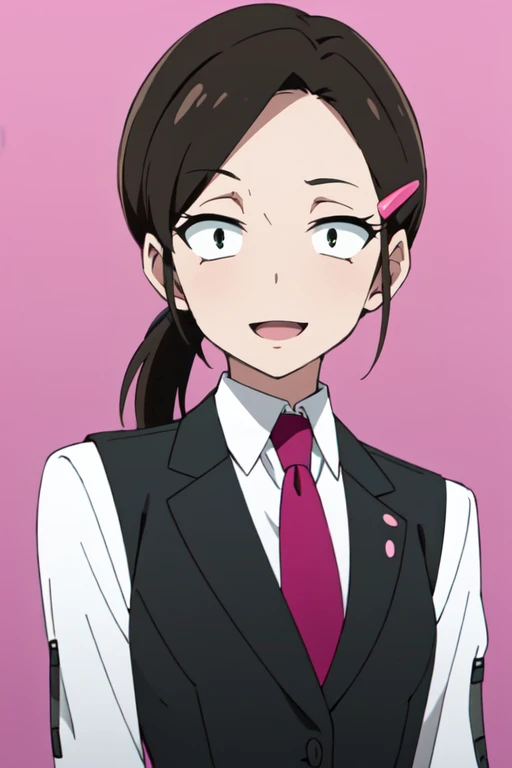 masterpiece, high quality, highres, absurdres, <lora:YasukoYaegashiR4:0.7>, YasukoYaegashiR4 1girl, black hair, black eyes, ponytail, hairclip, black vest, forehead, hair ornament, hairclip, looking at viewer, necktie, open mouth, pink background, purple sky, shirt, smile, solo, upper body, vest, white shirt