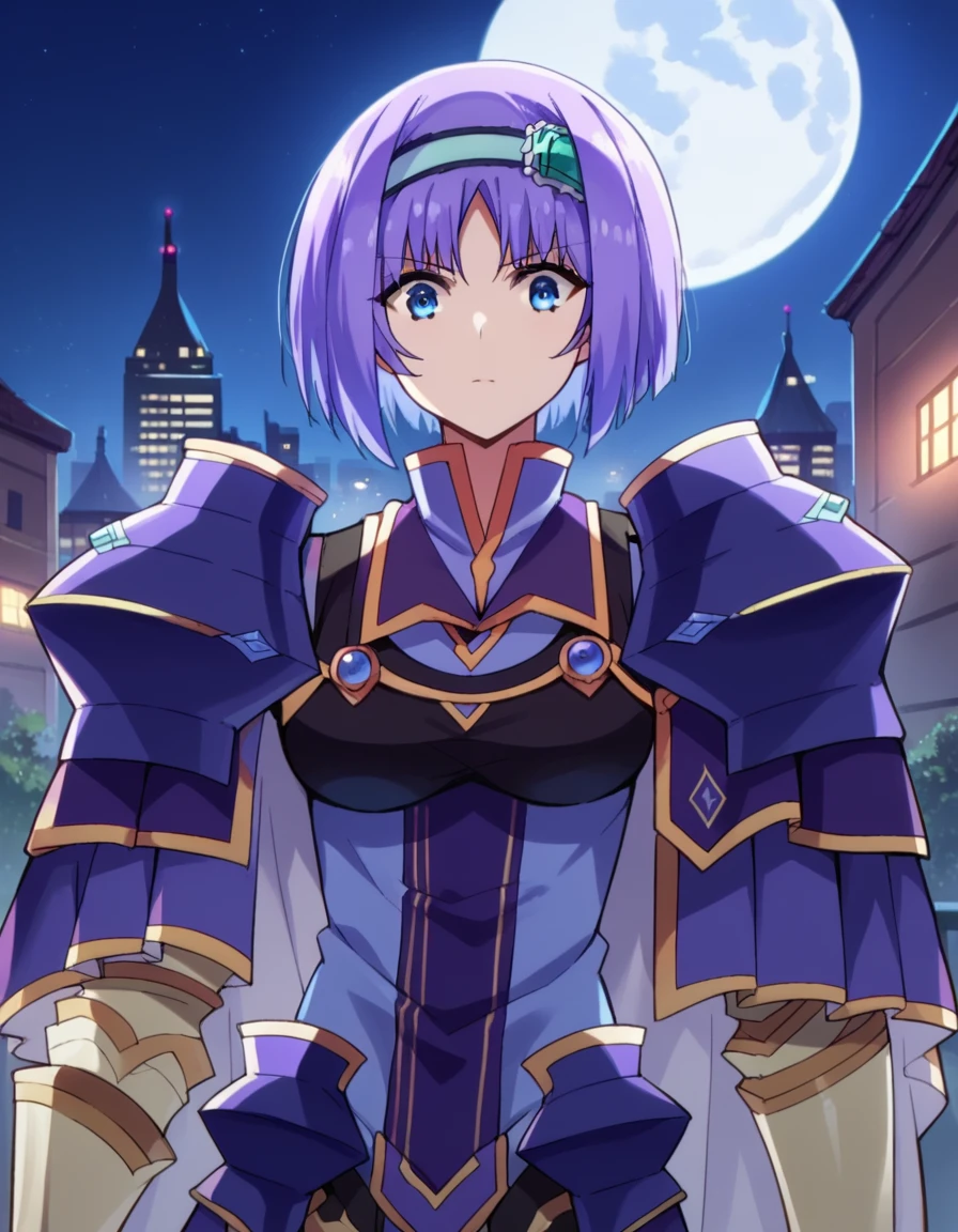score_9, score_8_up, score_7_up, source_anime,
shadowannerose, <lora:shadow-annerose-ponyxl-lora-nochekaiser:1>,
annerose, short hair, blue eyes, purple hair,
hairband, armor, shoulder armor, gauntlets, blue hairband,
outdoors, cityscape, night, moon,
looking at viewer, dutch angle,