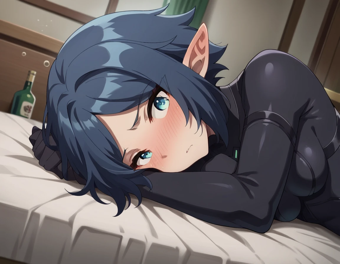 score_9, score_8_up, score_7_up, source_anime,
no664, <lora:no-664-ponyxl-lora-nochekaiser:1>,
no 664, short hair, blue eyes, blue hair, pointy ears, elf,
bodysuit, black bodysuit,
indoors, bed, bed room, on side, blush, drunk,
looking at viewer, dutch angle,