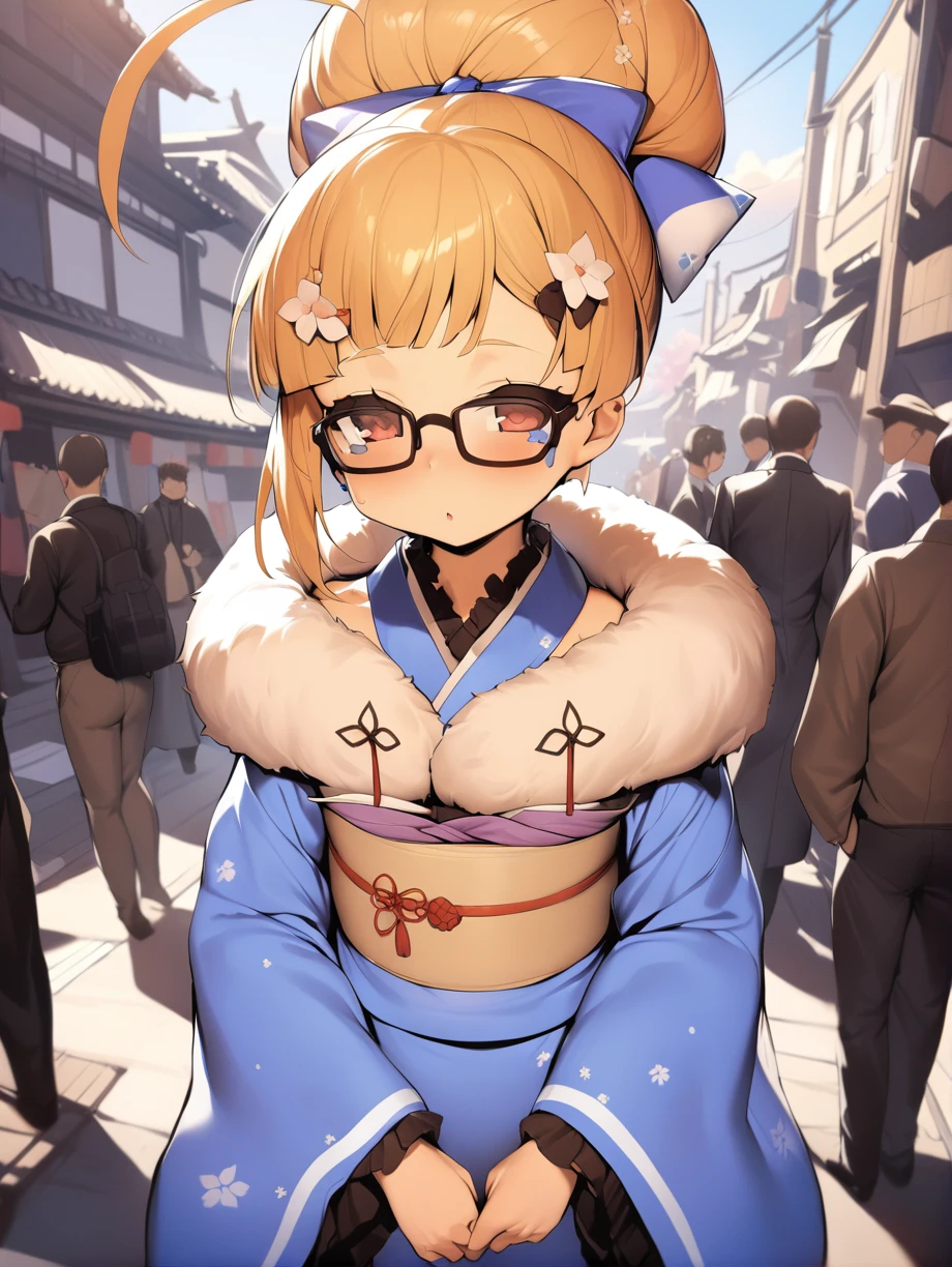 <lora:eldridge_XL_v1.0:1>,eldridge_\(azur_lane\), blue_kimono, hair bow, glasses, single hair bun,  fur_trim, obi, wide_sleeves,outdoors,, masterpiece, best quality,