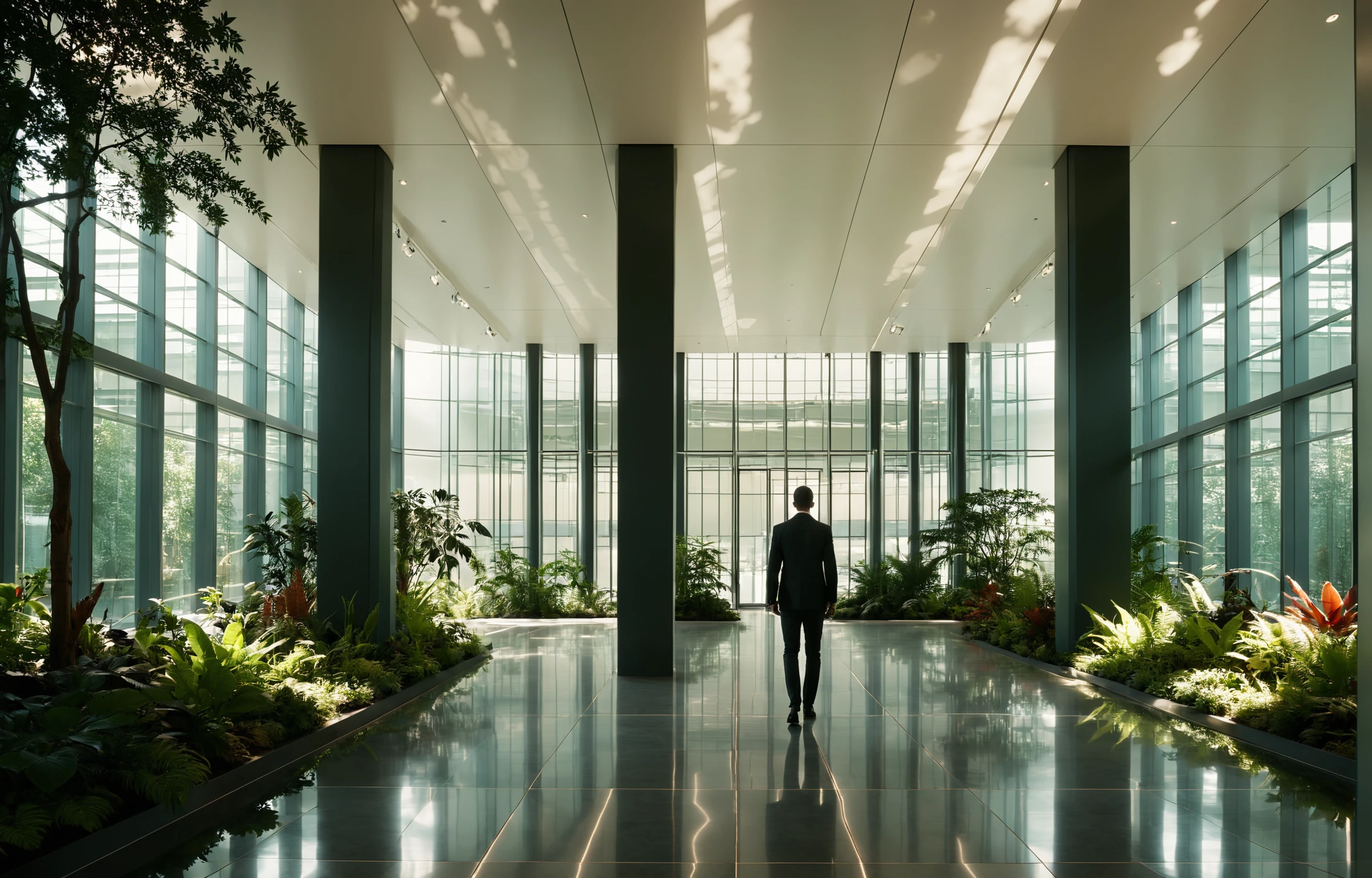 <lora:JZCGXL052-000009:0.7>, jzcgxl052,indoors,Anamorphic shots of a man standing in a huge,back to the camera,Rich ecological landscapes, botanical gardens,trees,plants( forest-like:1.2) eco-office atrium, pastel colors, cinematic contour lighting, low-contrast Prolog, award-winning composition, chromatic aberration, Architecture Photography,cinematic photo,35mm photograph, film, bokeh, professional, 4k, highly detailed