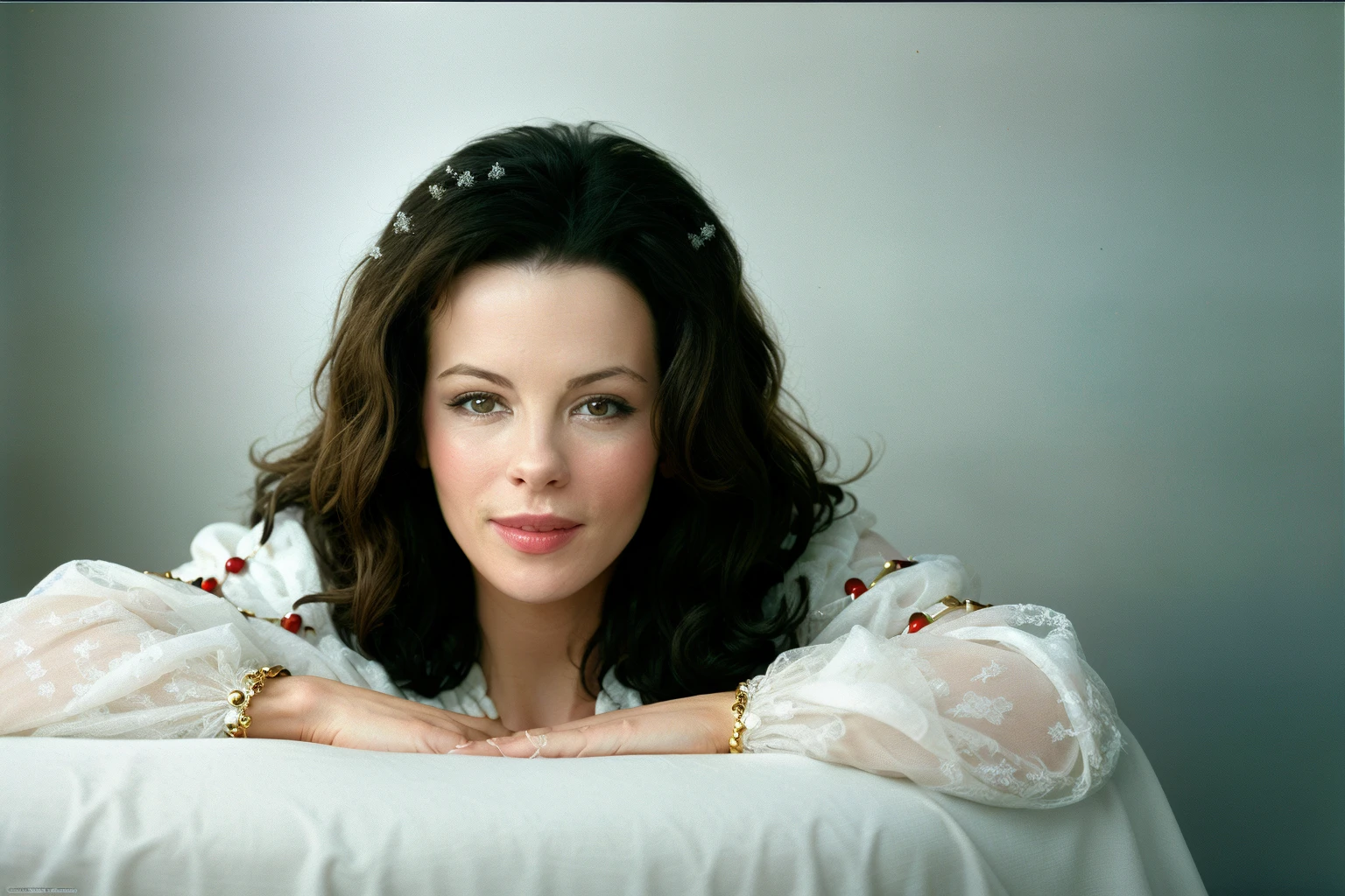 masterpiece, photograph, woman, Kate Beckinsale, 1980'S (Snow White:1.4), (smiling), (looking at viewer), seductive expression, Studio lighting, High detail, <lora:80_Kate Beckinsale_Ai_v1:0.85>