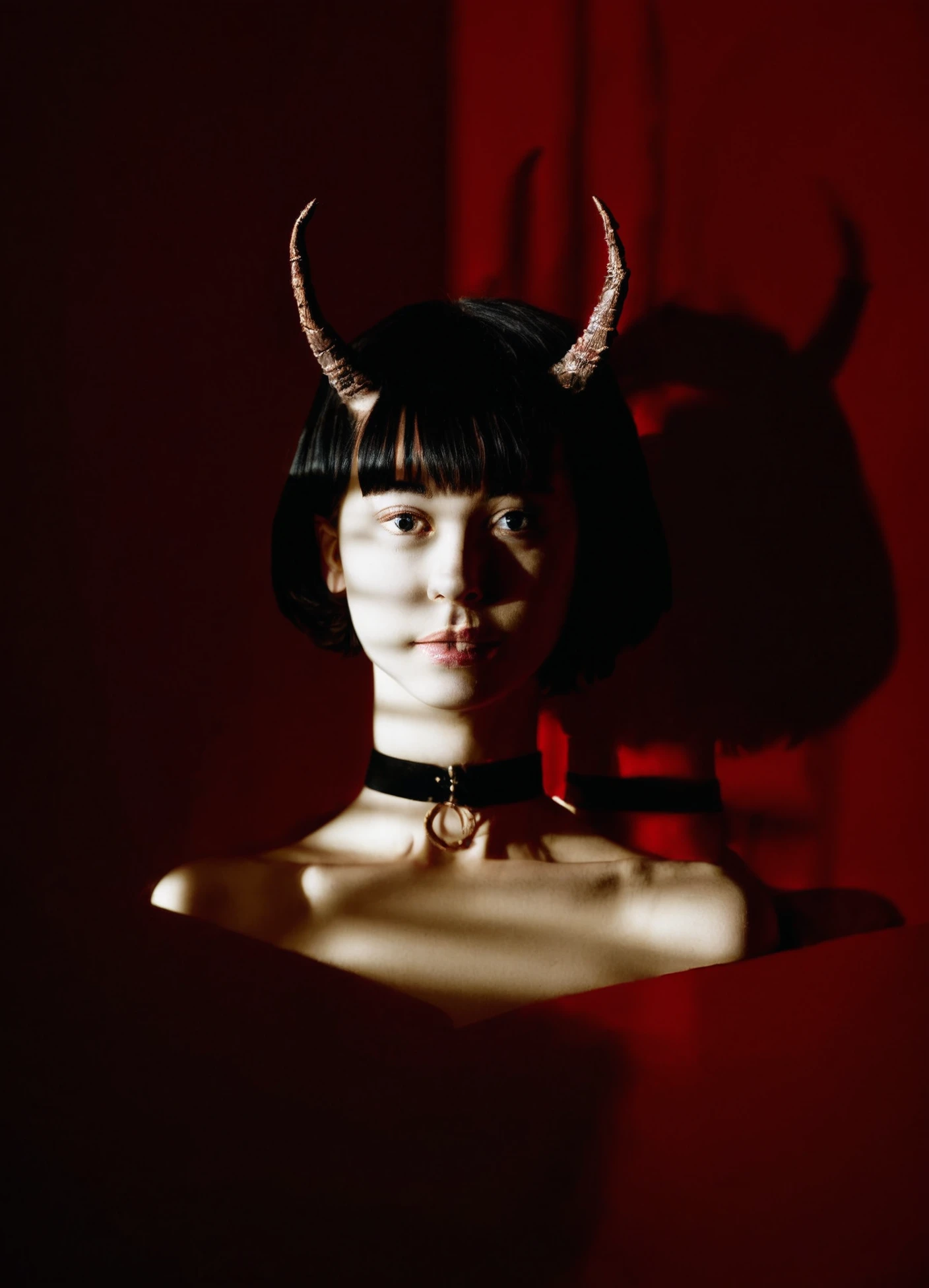 photo , realistic, irl, film grain, analog photography, red background, 1girl, looking at viewer, dim light, black hair, upper body, short hair, choker, dark, horns, shadow, reflection, windows<lora:RetouchPhoto_PonyV6_v2.1:.9>