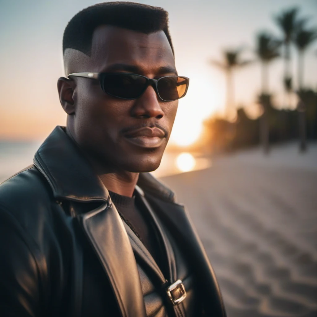 cinematic photo a closeup portrait of a man with sunglasses, beach, sunset <lora:Blade1024:0.8> . 35mm photograph, film, bokeh, professional, 4k, highly detailed