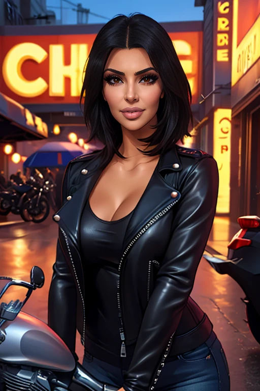 ((detailed)), ((masterpiece)), realistic, photorealistic, 8k resolution,
1girl, KimKardashian, lips, brown eyes, dark skin, dark-skinned female, eyelashes,
<lora:celebrityown_KimKardashian:0.65>,
a woman, biker chick, leather jacket, ripped jeans, motorcycle club, bikes, neon signs , crew cut, upper body,