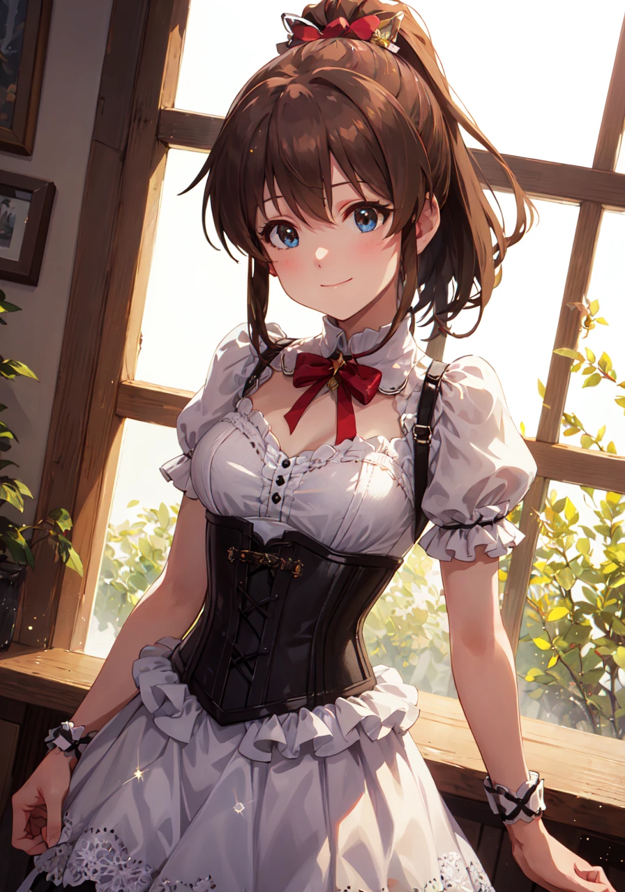 1girl, minako satake (million live), brown hair, ponytail, (best quality, 8K, masterpiece, ultra detailed:1.2), (lens flare, light particles, sparkle), depth of field, day, dappled sunlight, 1girl, solo, (black corset:1.2), seductive smile, cinematic angle, head tilt, cowboy shot,