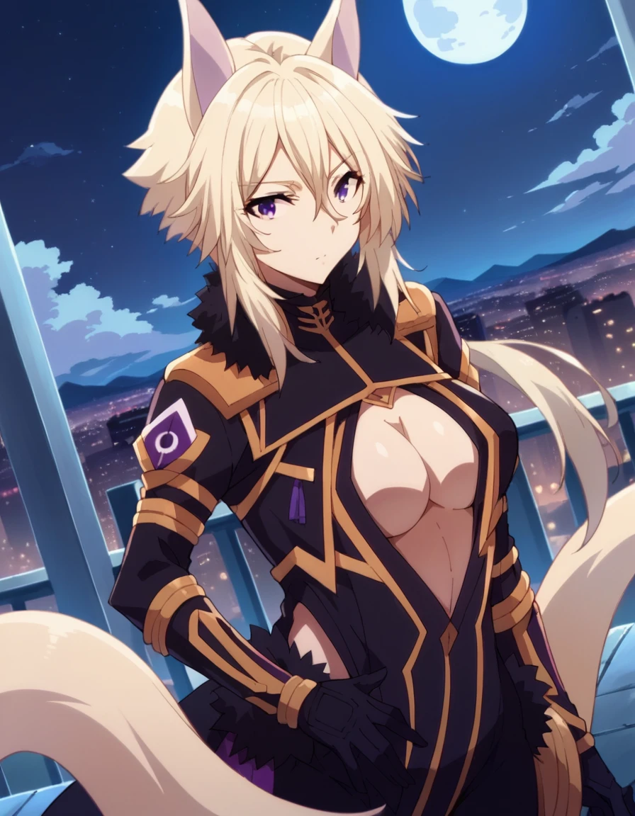 NSFW,masterpiece,Highest quality,High resolution,Very detailed,score_9, score_8_superior, score_7_superior, sauce_anime,shadowZeta, Zeta, Animal ears, Purple eyes, Blonde,gloves, Cleavage, tail, black gloves, Clothing cutouts, Cleavage cutout,Outdoor, Cityscape, night, moon,View your viewers, Cowboy Shot, Dutch Angle,