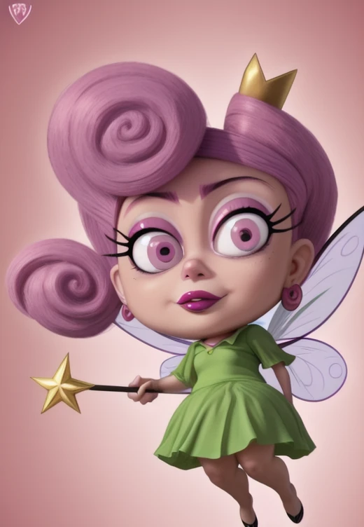 <lora:wandaodd:1> wanda, pink hair, 1girl, pink eyes, crown, wand, lipstick, earrings, makeup, purple hair, wandaodd, floating, fairy, green shirt, midget