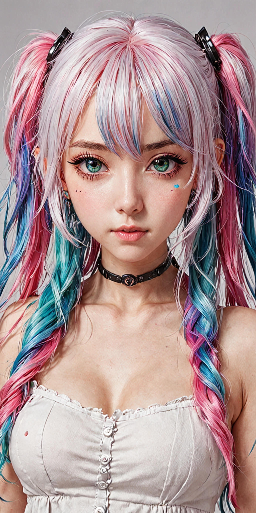 a cute egirl gamer, beautiful colorful rainbow-haired girl ((19)) with beautiful detailed eyes, (solid white background:1.5) score_9, score_8_up, score_7_up, 1girl, (sexy and seductive:1.2), beautiful down-turned lips, colorful hair, long hair,  two side up, twin-tails, zettai ryouiki, ((masterpiece)), ((best quality)), ((extremely detailed CG unity 8k wallpaper)), solo, 1girl, mascara, makeup, (white sclera) masterpiece, best quality, 1girl,solo, 8k, UHD, HDR, (Masterpiece:1.5), (best quality:1.5)  <lora:eGirls_XL_v1:0.6>