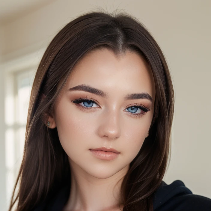 a portrait photo of a young woman, makayla, close-up, translucent skin, detailed skin, pale skin, glamor photography, looking at viewer, hoodie, 4k high quality, sharp focus, high resolution, depth of field, soft light, indoors, fuji film, film grain, film, analog film, soft light, bokeh, blue eyes, eyelashes, eye makeup, lips, brown hair <lora:2024-03-24_18-12-46-save-2700-60-0:1>
