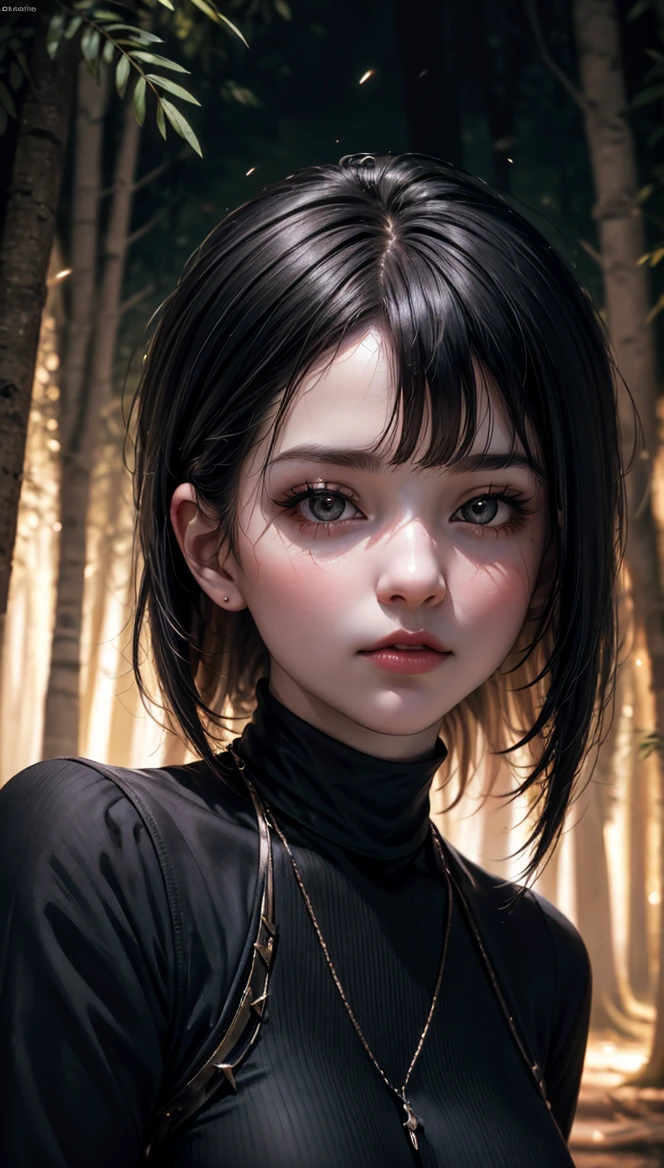 masterpice, high quality,( detailed realistic background:1), ( official art, beautiful and aesthetic:1 ), realistic lighting, cinematic lighting, hyperrealism, Poor lighting, sharp, artistic photoshoot, ( cute, petite ), slender, pale cheeks, square face shape with angular jaw, natural "no-makeup" makeup,  ((A girl in the night at the dark forest)), night, [dark],vertical,