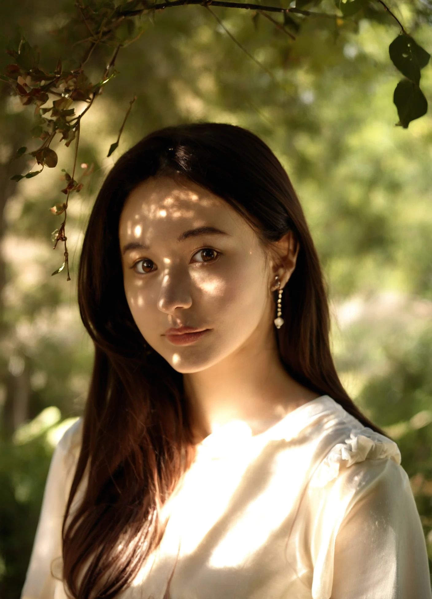photo , realistic, irl, vhs, raw, 1girl,look at viewer, earrings, long hair, dappled sunlight, white shirt, upper body, leaf, brown eyes, depth of field, blurry background, outdoors<lora:RetouchPhoto_PonyV6_v2.1:.9>