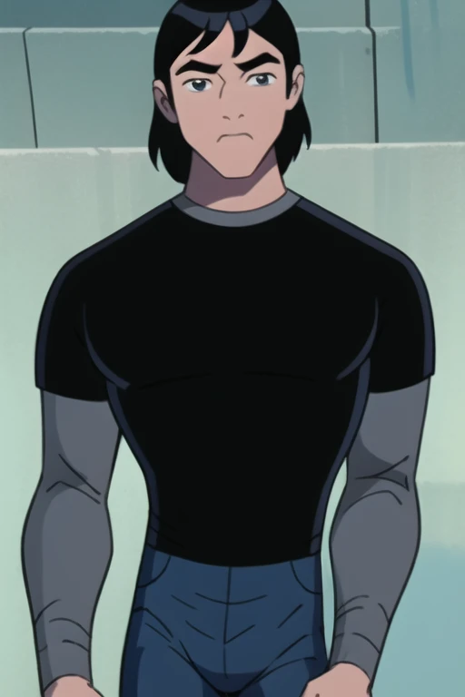 detailed background, looking at viewer <lora:kevinlevin-10:1>, kevinlevin,solo,black shirt,layered sleeves,blue pants, masterpiece, best quality
