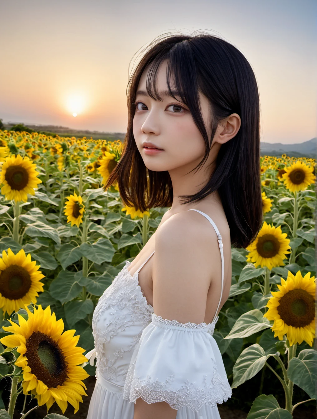 ((Highest quality)), ((masterpiece)), (detailed), (Japanese),12 years old, Black Hair,(Childish face), (Bob Hair), Girl , small Breasts, ((topless)), ((Blue eyes)),half-smile ,, Sunlight, from_Side, arched back, (cowboy shot) ,,Cosmos field ,Sunflower field ,(foam),