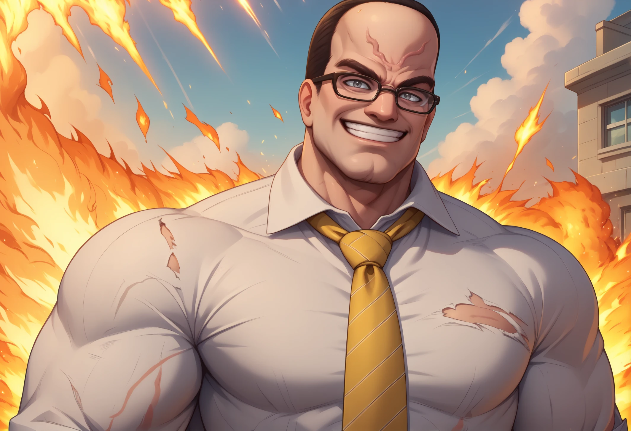 score_9, score_8_up, score_7_up, detailed background, BREAK 1boy, solo, SenArmStrong, grey eyes, black hair, buzz cut, glasses, manly, <lora:SenatorArmstrongPDXL_V1-Manityro-CAME:1.0>, muscular male, veins, outdoors, grey sky, day, building, fire, explosion, looking at viewer, grin, white shirt, torn clothing, torn shirt, yellow necktie,