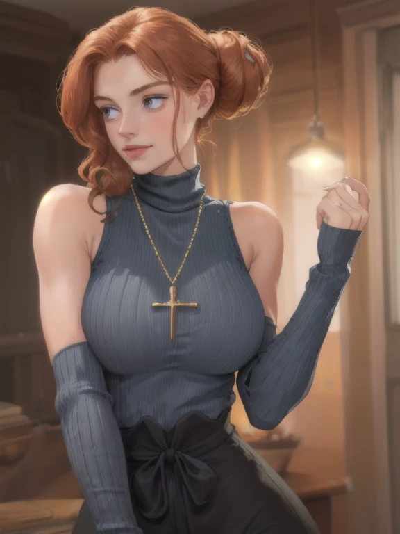 half length, medium wide shot <lora:Necklace SD15_epoch_10:1> n3ckl4c3, an innocent attractive young ginger woman wearing a gold chain lariat necklace with cross pendant and a sleeveless crewneck turtleneck, slim waist, embarrassed pose, updo, (smile:0.6), sfw, big breasts <lora:breastSqueezeElbow_v20:0.8> arms down, elbow squeeze, breasts squeezed together