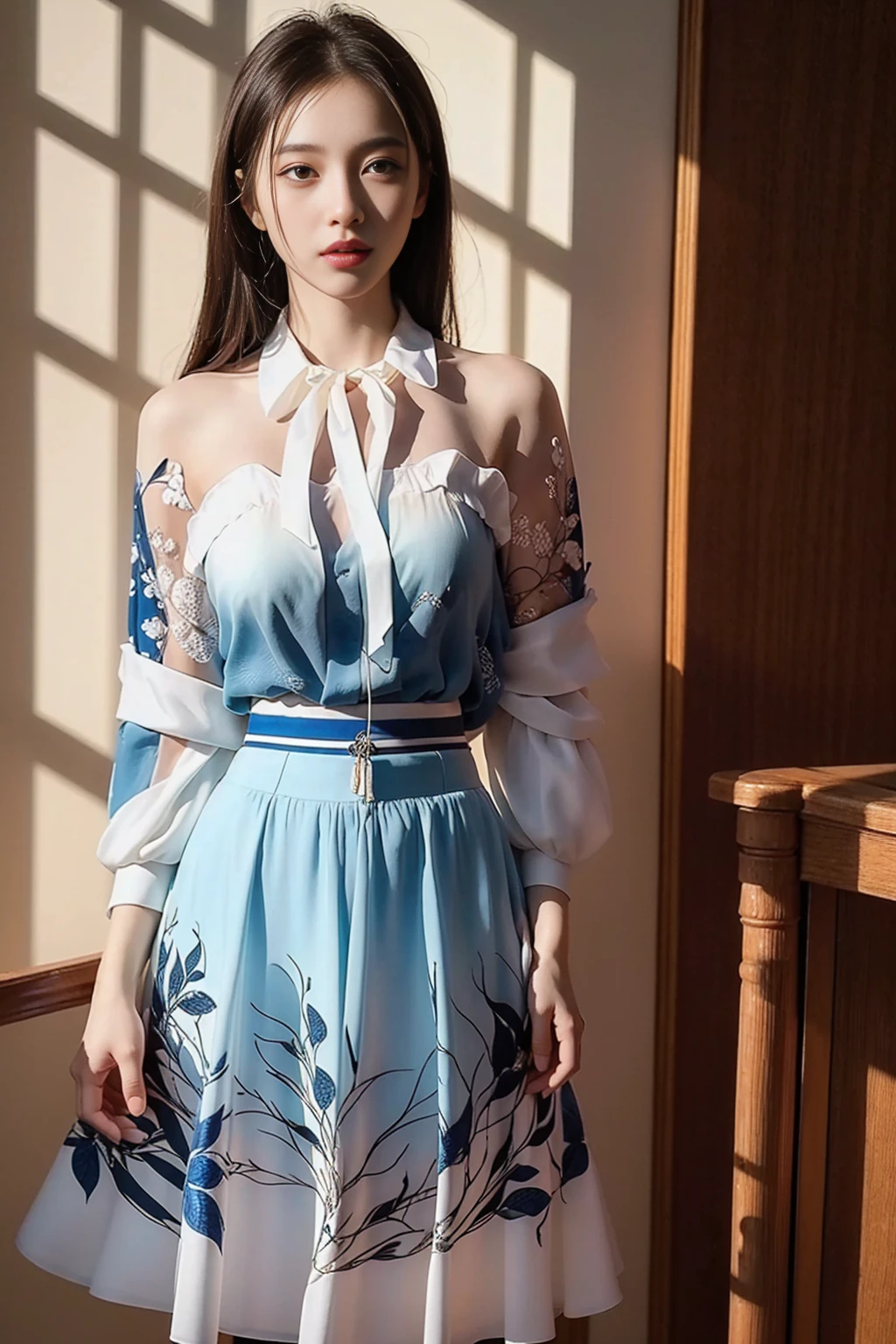 full_body,<lora:xinzhongshi2:0.9>,stand,xinzhongshi,transparent shirt,(patterned clothes:1.3),medium_skirt,((skirt:1.3)),complete body,, best quality, masterpiece, (realistic, photo-realistic:1.37),ultra high res,highres,, illustration. media, delicate,8k wallpaper,soft light,official art,professional lighting, photon mapping, radiosity, physically-based rendering,1girl,, best quality, masterpiece, (photorealistic:1),ultra high res,highres,, illustration. media, delicate,8k wallpaper,soft light,official art, (realistic:1.2),1girl,