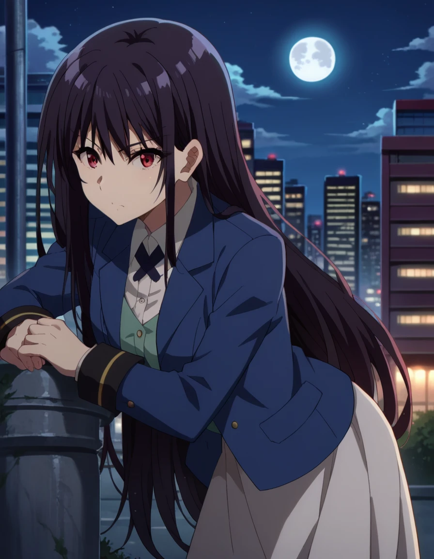 score_9, score_8_up, score_7_up, source_anime,
clairekagenou, <lora:claire-kagenou-ponyxl-lora-nochekaiser:1>,
claire kagenou, long hair, black hair, red eyes,
shirt, jacket, blazer, skirt, white skirt,
outdoors, cityscape, night, moon, bent over,
looking at viewer, dutch angle,