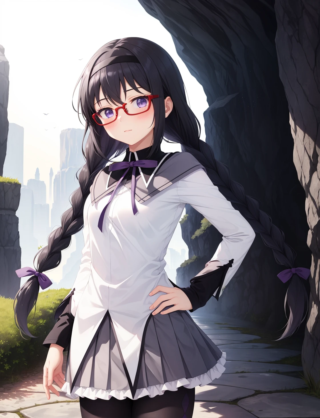 masterpiece, best quality, highres,
AkemiAi, 1girl, solo, purple eyes, black hair, glasses, red glasses, red-framed eyewear, braid, twin braids, ribbon, hairband, black hairband, neck ribbon, small breasts, closed mouth, long hair, breasts, blush, bangs,
skirt, shirt, long sleeves, short over long sleeves, standing, white shirt, pantyhose, pleated skirt, frills, black pantyhose, frilled skirt, grey skirt, purple skirt, shiny, miniskirt, purple ribbon, argyle, argyle legwear, magical girl, akemi homura,
cowboy shot, looking at viewer, hands on own hips, outdoors, cave, darkness, shadow, stalactite, <lora:Akemi:1>