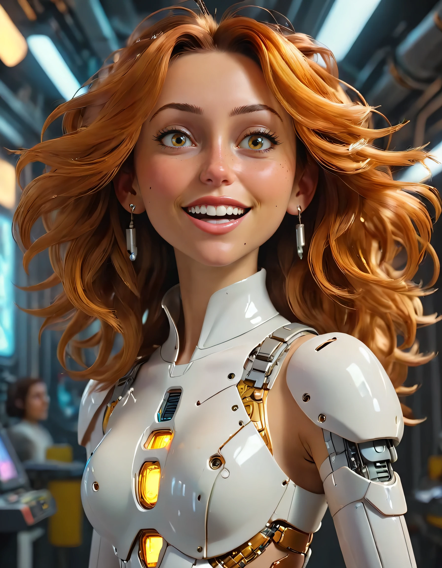 In a futuristic city where robotic enhancements and cybernetic technology coexist harmoniously, Sara Carrolli, a breathtakingly beautiful cyborg college girl, dances with graceful elegance, her body adorned in glistening white attire, as she transforms into the prima ballerina clowncore galactic diva she's always been meant to be - her vivid eyes gleaming, radiant smile reflecting the soft lighting, and a parted lip revealing a perfectly painted mole on her cheek. This scene is captured digitally, with photorealistic details accentuating the intricate cyberpunk elements of her attire: from shiny white heels emulating robotics to her golden ratio hair and earrings reminiscent of space travel, and finally, her smooth, soft focus skin revealing the subsurface scattering effect. The artwork is rendered in an octane render using a technique that seamlessly blends the analog style with hyperrealistic elements, giving it a film photography feel. As Sara spins and leaps amidst heavy shadows cast by advanced technology, she captivates the attention of everyone around her while simultaneously representing a perfect balance between human artistry and digital painting on ArtStation, a concept that perfectly exemplifies her world of ever after high and sci-fi fantasy, blending with her chosen career path at an illustration company known for their surrealism, while her skills in soft lighting and composition bring the essence of loish's illustrative style to life. <lora:pjkmih18e0bee84afq98:1>