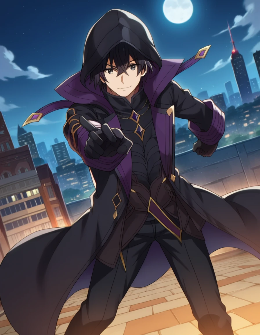 score_9, score_8_up, score_7_up, source_anime,
cidkagenou, <lora:cid-kagenou-ponyxl-lora-nochekaiser:1>,
cid kagenou, black hair, 1boy, hair between eyes, male focus, black eyes, smile,
gloves, long sleeves, black gloves, pants, hood, coat, black pants, hood up, black coat,
outdoors, cityscape, night, moon,
looking at viewer, dutch angle, dynamic pose, fighting stance,