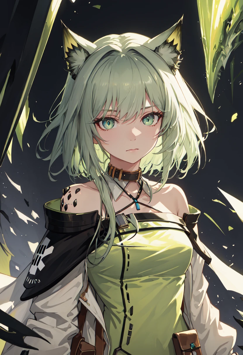 simple backgound,Green hair,超高分辨率,A half body,Golden eyes,paleskin,Plain white background