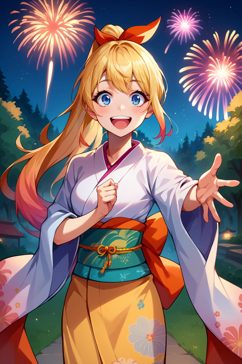 score_9, score_8_up, score_7_up, source_anime, cowboy shot, looking at viewer, smile, excited, chtgkrsk, very long hair, gradient hair, ponytail, blue eyes, hair ribbon, red ribbon, kimono, reaching out, outdoors, night, fireworks, summer festival, forest, skyline, <lora:Hoseki_Nsk_ChitogeKirisaki_PDXL_v1:1>