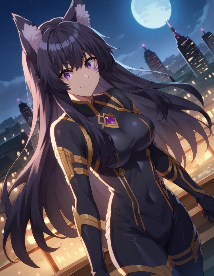 score_9, score_8_up, score_7_up, source_anime,
shadowdelta, <lora:shadow-delta-ponyxl-lora-nochekaiser:1>,
delta, long hair, black hair, animal ears, purple eyes, cat ears, animal ear fluff, facial mark, smile,
bodysuit, black bodysuit,
outdoors, cityscape, night, moon,
looking at viewer, cowboy shot, dutch angle,