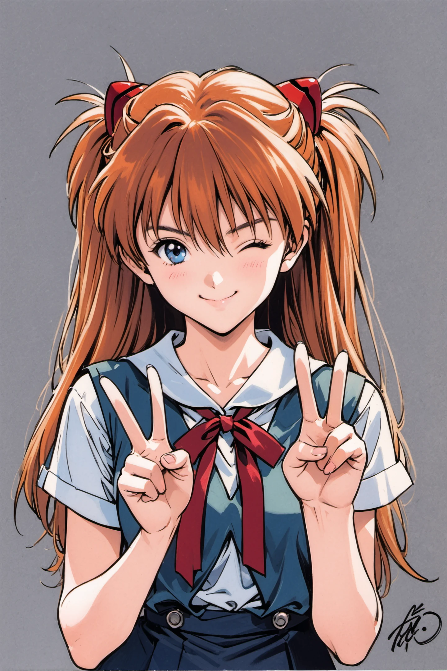 1girl,souryuu asuka langley,solo,long hair,school uniform,blue eyes,smile,white background,ribbon,shirt,simple background,v,one eye closed,orange hair,short sleeves,skirt,red ribbon,neck ribbon,white shirt,bangs,hair between eyes,looking at viewer,tokyo-3 middle school uniform,signature,closed mouth,two side up,hair ornament,suspender skirt,interface headset,suspenders,traditional media,cowboy shot,blue skirt,<lora:Katsura Masakazu_XL:0.8>,