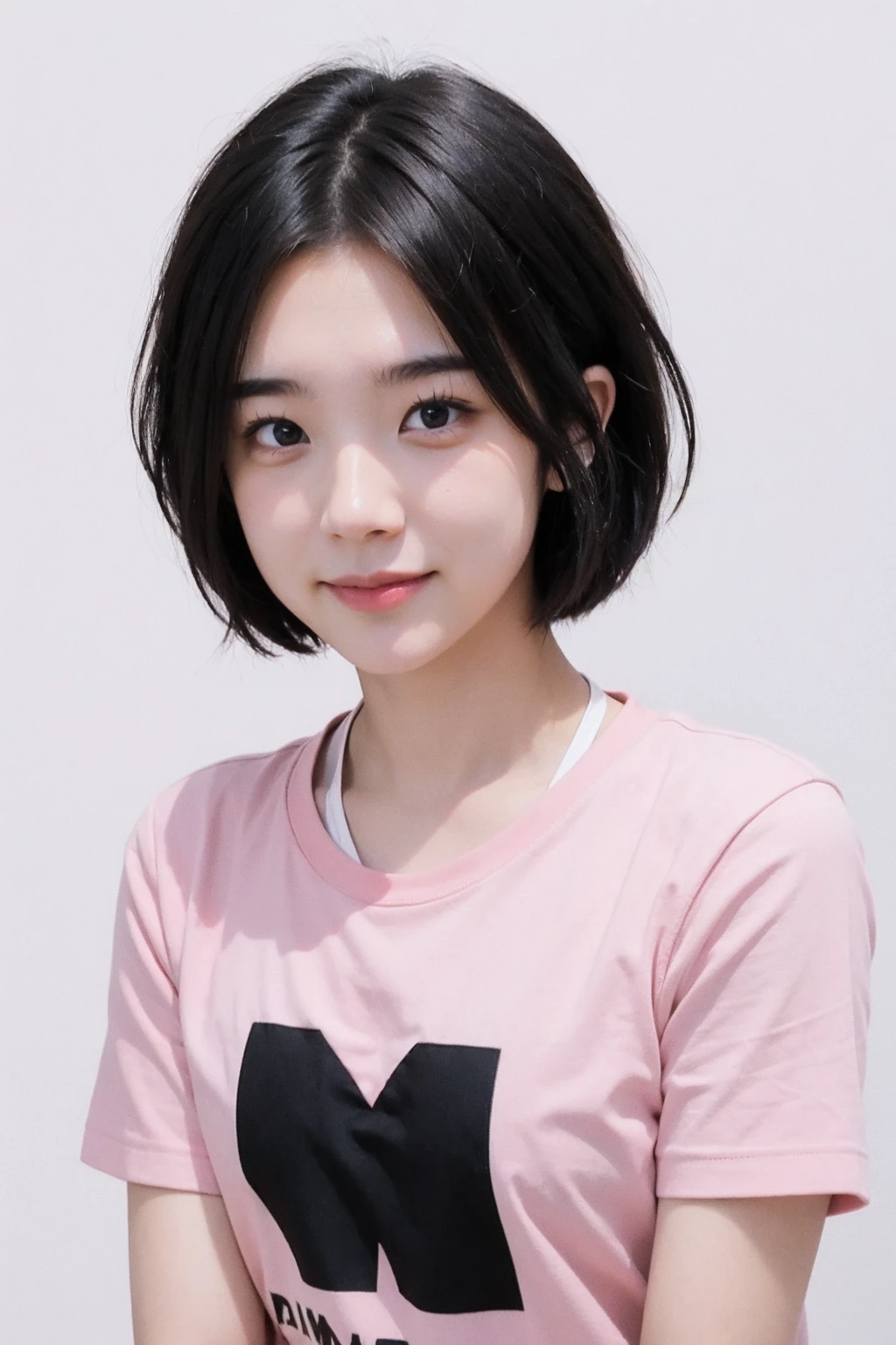 1girl,portrait,(pink t-shirt:1.2),(black short straight hair:1.2),(white background:1.4),<lora:Again_Girl_A17:1>