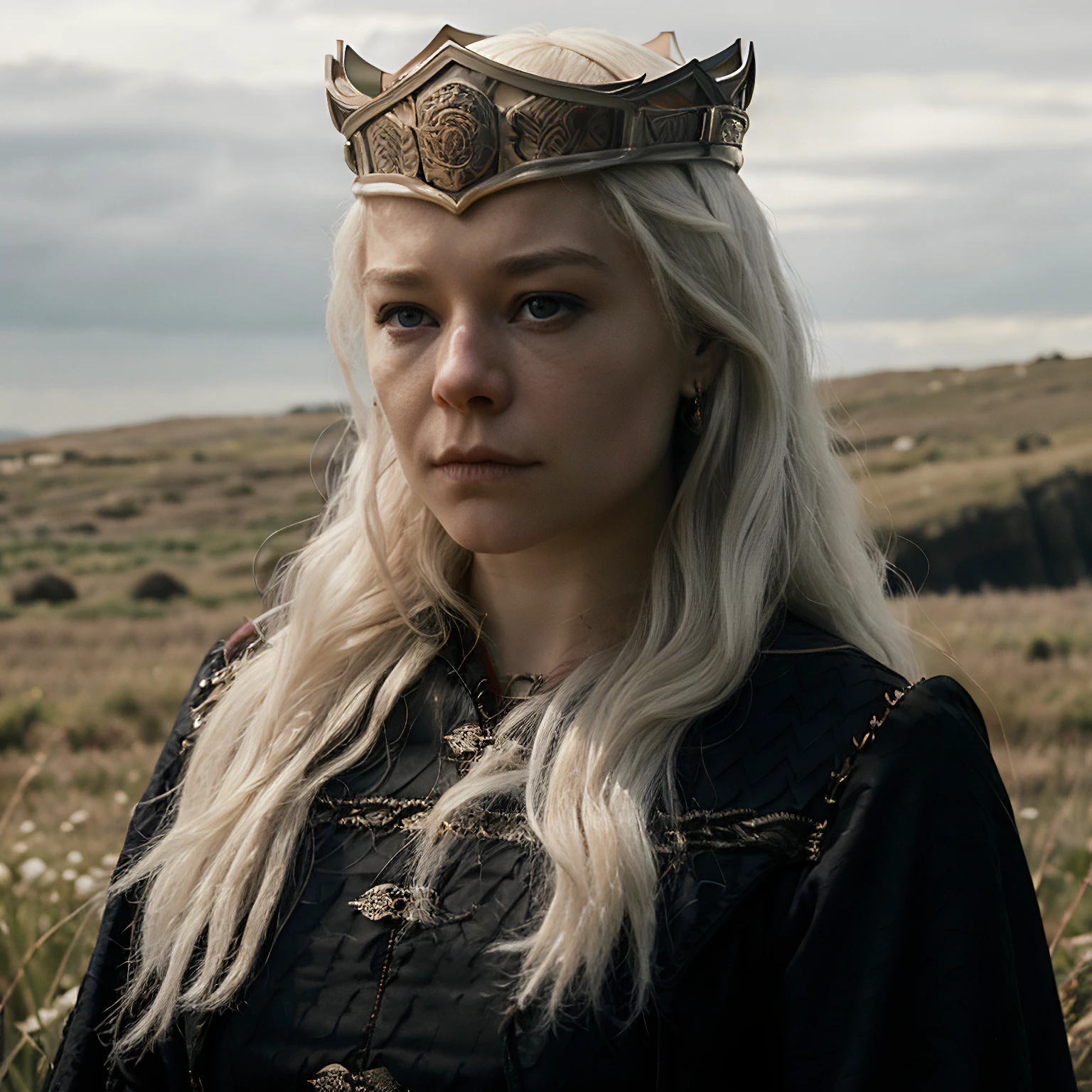 rha3nyra,close-up,she has a long white hair,she is wearing a black queen jacket and a crown,standing in a field near a cliff