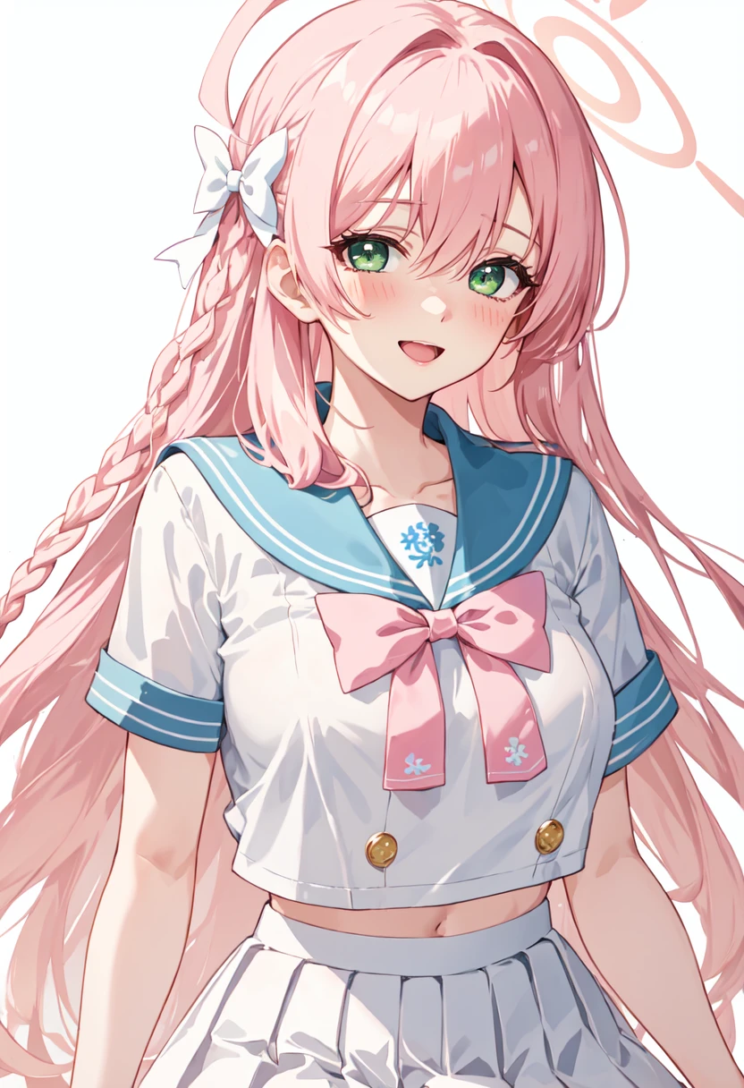 best quality, masterpiece, highres, solo, (hanako_bluearchive:1.10), short sleeves, 1girl, blush, smile, white skirt, looking at viewer, pleated skirt, white shirt, blue sailor collar, single braid, white serafuku, pink bow, closed mouth, simple background, white background, open mouth, 8 <lora:hanako_bluearchive:0.80>