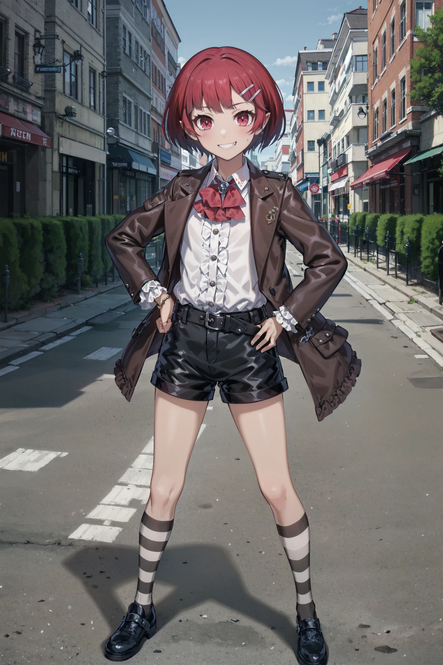 absurdres, high detail, uhd, city, street,
standing, evil smile, hands on hip,
solo, jigita, red hair, short hair, hairclip, brown jacket, open jacket, white shirt, collared shirt, striped shirt, bowtie, black bow, ascot, long sleeves, black shorts, frilled shorts, black footwear, shoes,
<lora:gomaotsu-jigita(Digitalis)v2-t2-000080:0.7>