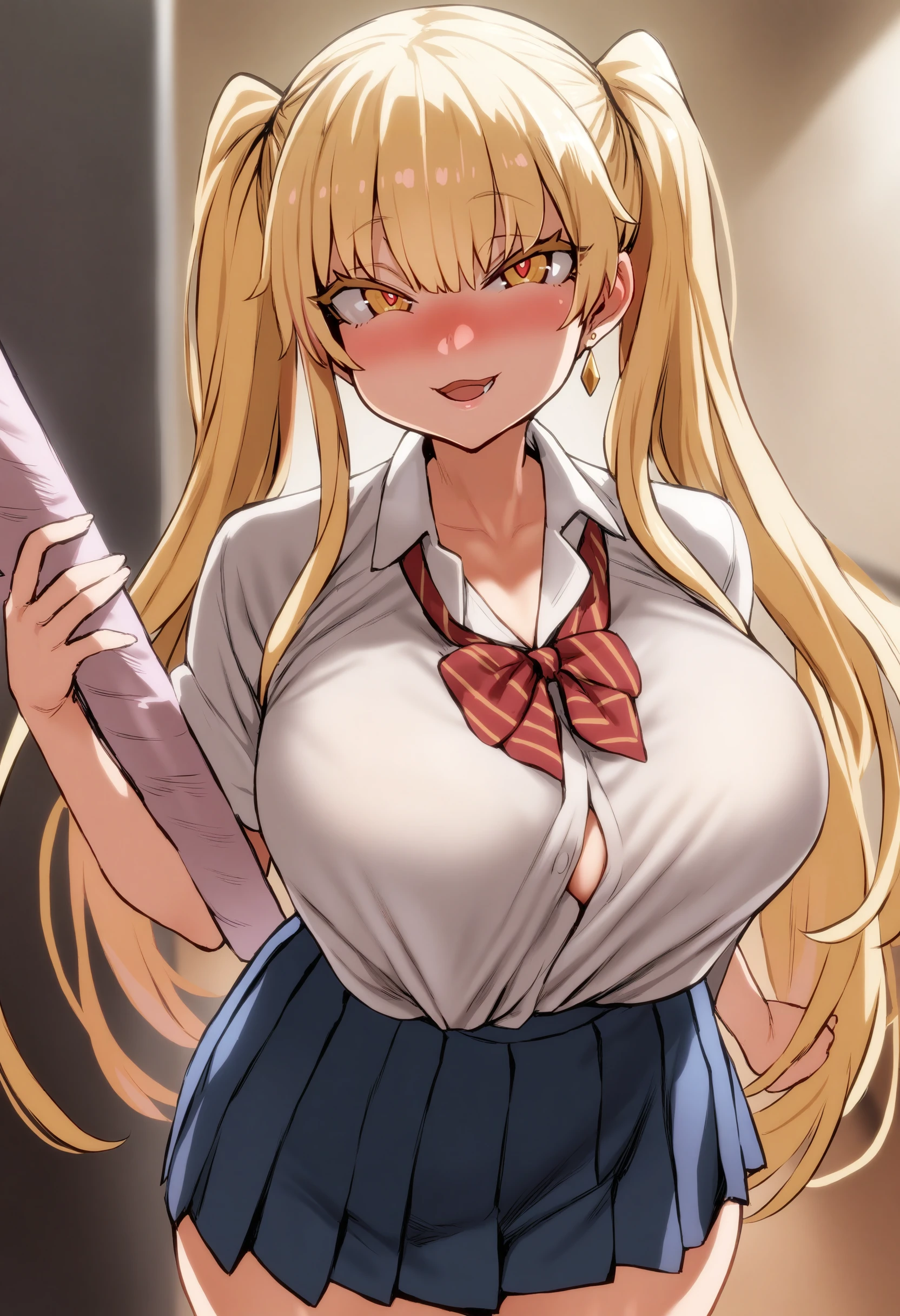 masterpiece, best quality,1girl, bangs, blonde hair, blush, breasts, earrings, holding weapon, large breasts, long hair, looking at viewer, multicolored hair, open mouth, parted lips, school uniform, smile, standing, thick thighs, twintails,<lora:Asanagi-Style-AnimagineXL31:1>