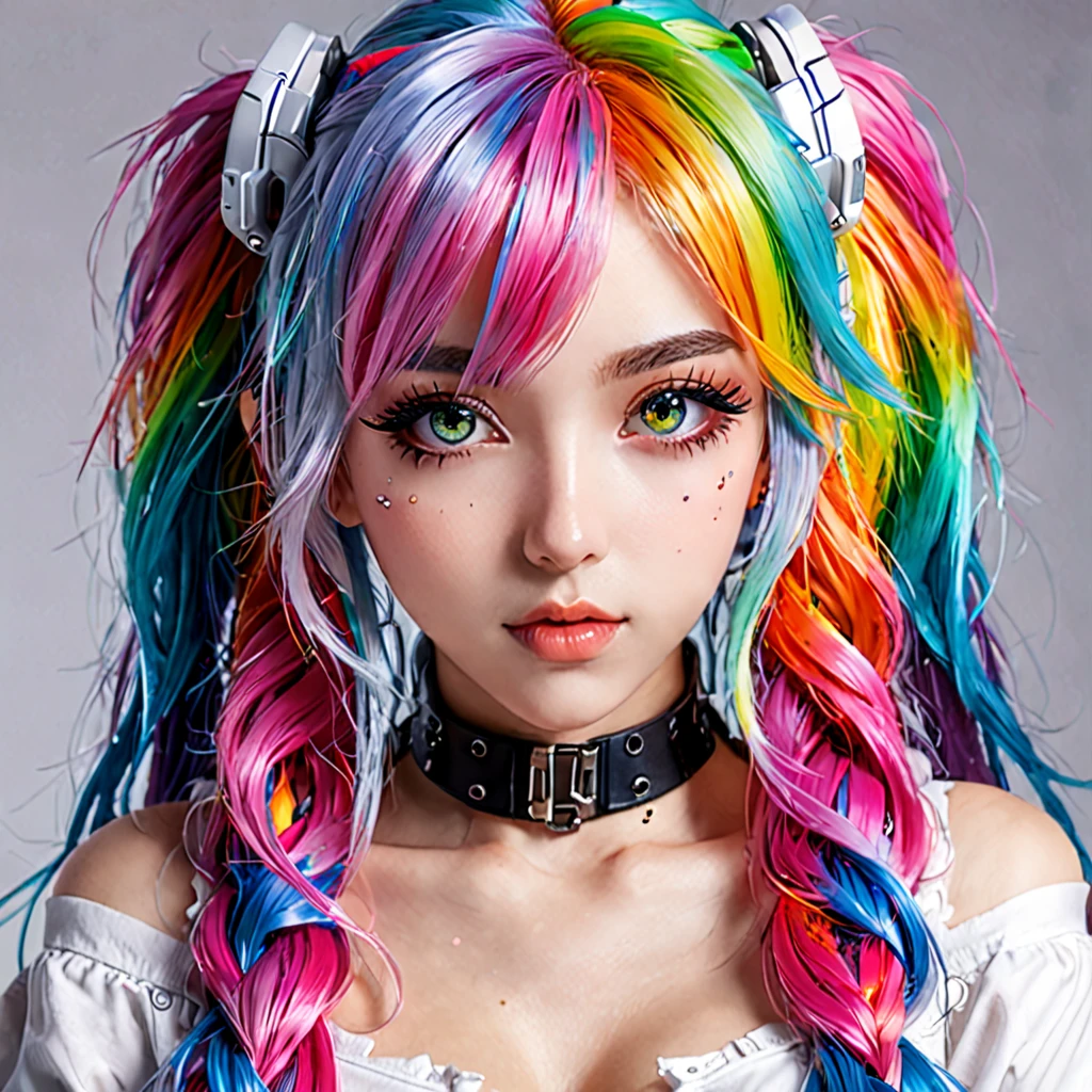 photo of a cyberpunk egirl gamer girl and content creator, beautiful colorful rainbow-haired girl ((19)) with beautiful detailed eyes, (solid white background:1.5) score_9, score_8_up, score_7_up, 1girl, (sexy and seductive:1.2), beautiful down-turned lips, colorful hair, long hair,  two side up, twin-tails, zettai ryouiki, ((masterpiece)), ((best quality)), ((extremely detailed CG unity 8k wallpaper)), solo, 1girl, mascara, makeup, (white sclera) masterpiece, best quality, 1girl,solo, 8k, UHD, HDR, (Masterpiece:1.5), (best quality:1.5)  <lora:eGirls_XL_v1:0.6>