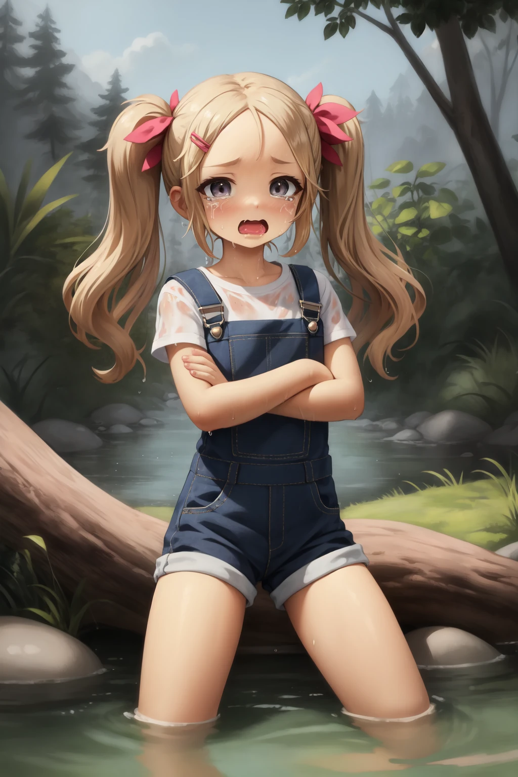 (masterpiece, best quality:1.2),
1girl, (wavy mouth:1.2), tearing up, crying, black eyes, blonde hair, twintails, hairclip, forehead, flat chest
BREAK white t-shirt, pink overalls, crossed arms
BREAK (partially submerged:1.1), (wet, wet clothes, dripping), forest, river