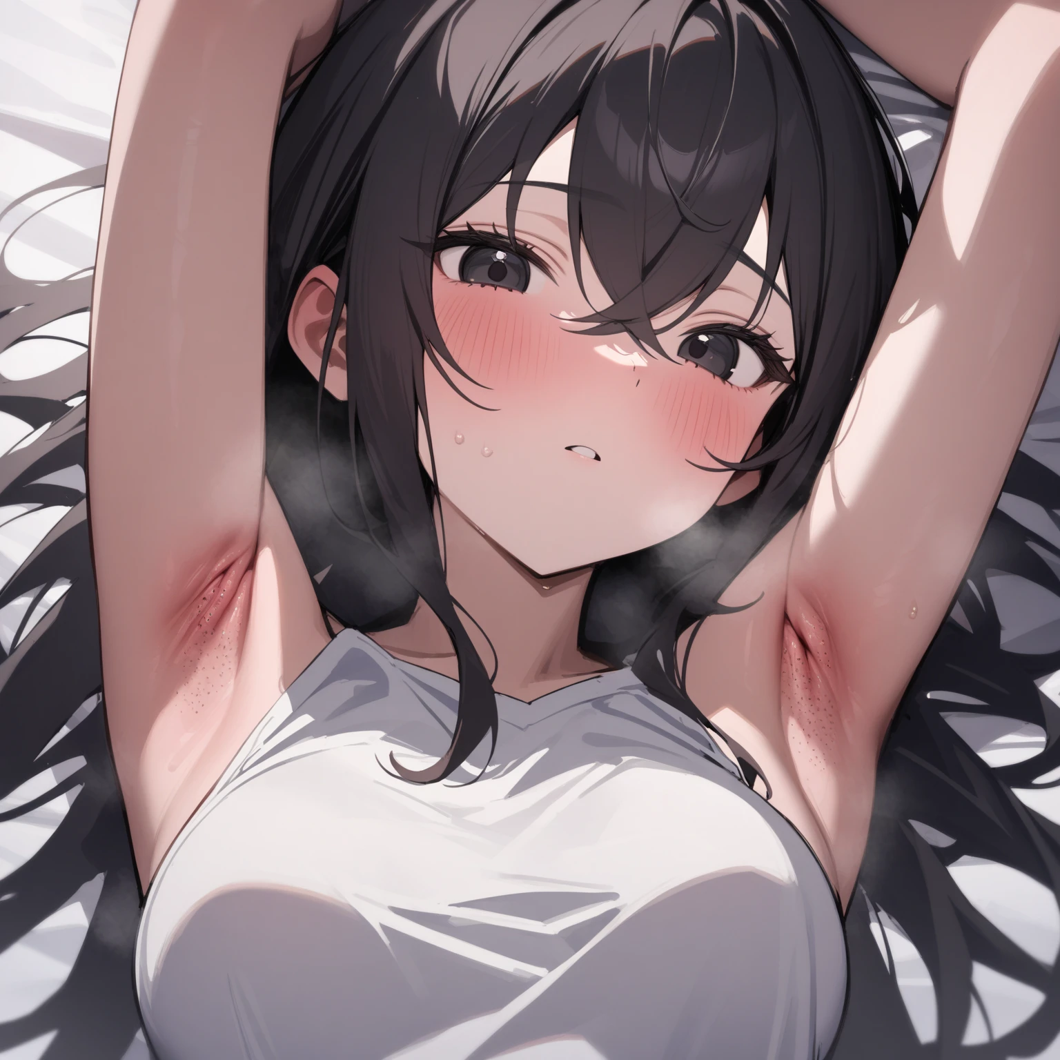 (((masutepiece, Best Quality, hight resolution, nffsw, Perfect Pixel, depth of fields, 4K, nffsw, nffsw))), 1girl in, Single, Solo, Beautiful anime girl, Beautiful Art Style, Anime Character, ((Long hair, Bangs, dark brown hair)), ((Detailed face, Blushing:1.2)), ((Smooth texture:0.75, Realistic texture:0.5, Anime CG style)), ((medium breasts, cleavage)), Indoor, Bedroom, Dynamic Angle, busty, Perfect body, Dynamic Pose, Armpit, Hands up, ((Falling asleep in bed, Supine, Sleep beauty, Closed eyes, Closed mouth)), ((close up, POV, Shot in the face)), ((Bra, lingerie)), Natural light