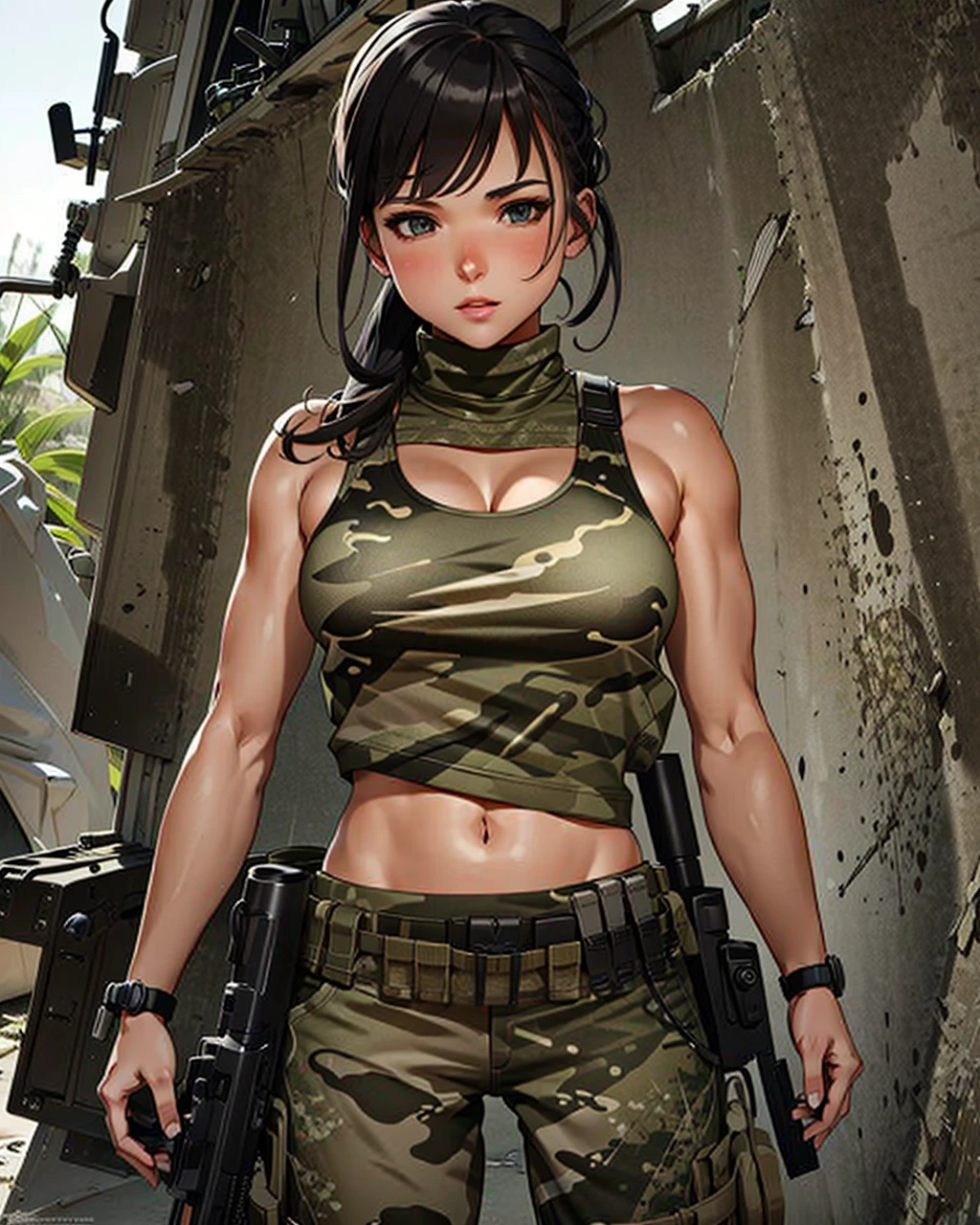 best quality,masterpiece,highly detailed,ultra-detailed, 
1girl, military uniform, taskforce, tanktop,camouflage, digital camouflage, 
<lora:neg4all_bdsqlsz_V3.5:-1>  
<lora:matureteen_last:2> 
plants, <lora:taskforce_v02:1>, <lora:cartoonisationer-V4-8:0.75><lora:cartoonisationer:0.75> <lora:cartoonisationer-21st_ce:1.25>