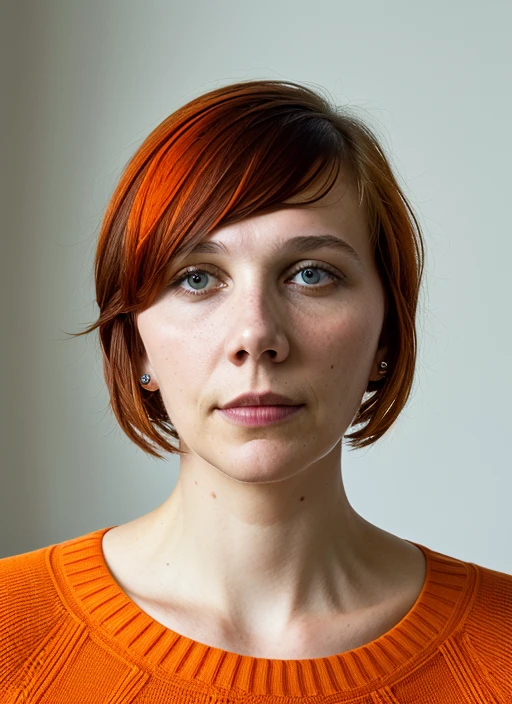 portrait of ((sks woman)) , by Henri Cartier-Bresson, <lora:lora-small-maggie-gyllenhaal-v1:1.0>, portrait of ((sks woman)) by Flora Borsi, style by Flora Borsi, bold, bright colours, orange Mohawk haircut, ((Flora Borsi))
