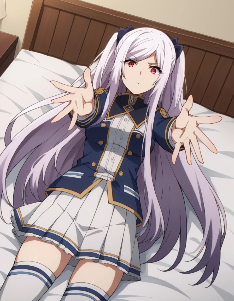 score_9, score_8_up, score_7_up, source_anime,
alexiamidgar, <lora:alexia-midgar-ponyxl-lora-nochekaiser:1>,
alexia midgar, long hair, very long hair, hair ribbon, white hair, red eyes, sidelocks, ribbon,
skirt, thighhighs, long sleeves, pleated skirt, miniskirt, white thighhighs, zettai ryouiki, white skirt,
indoors, bed, bed room, on back, arm support, arms up, incoming hug, pov, reaching, reaching towards viewer,
looking at viewer, dutch angle,