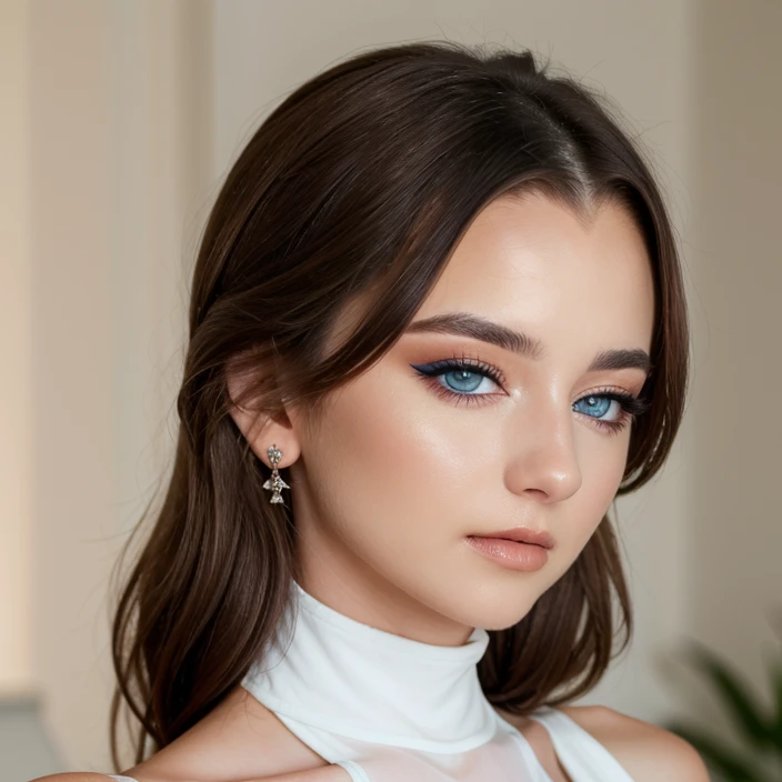 a portrait photo of a young woman, makayla, close-up, translucent skin, detailed skin, pale skin, glamor photography, looking at viewer, turtleneck, earrings, 4k high quality, sharp focus, high resolution, depth of field, soft light, indoors, fuji film, film grain,  film, analog film, soft light, bokeh, blue eyes, eyelashes, eye makeup, lips, brown hair   <lora:2024-03-24_18-12-46-save-2700-60-0:1>