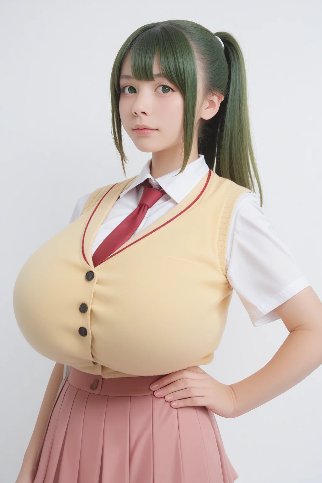 score_9, score_8_up, score_7_up, best quality, masterpiece,realistic,gigantic breasts, upper body, 
1girl, sonozaki mion, solo, necktie, green eyes, green hair, long hair, bag, red necktie, skirt, ponytail, vest, yellow vest, shirt, white background, simple background, school uniform, hand on hip, white shirt, short sleeves, looking at viewer, open vest, pink skirt