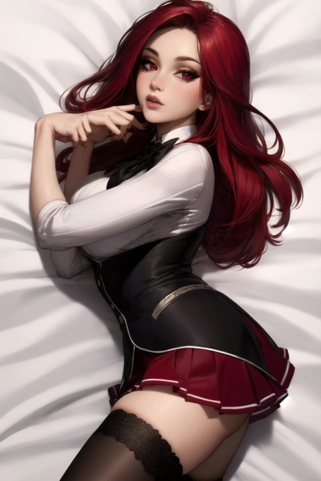 (from side, cowboy shot, lying, on back), 1girl, red hair, red eyes, (medium breasts), kuoh_academy_school_uniform, black bow, black bowtie, black capelet, black corset, collared shirt, pleated skirt, red skirt, school uniform, white shirt, miniskirt, kneehighs, shoes, <lora:kuoh_academy_school_uniform-000003:1>, BREAK
(masterpiece, best quality, ultra detailed, intricate details:1.2), (8k, 4k, beautiful detailed background, beautiful detailed eyes, perfect face, lip, nose, eyelashes), (solo, white background), perfect female body, lips,  <lora:more_details:0.4>